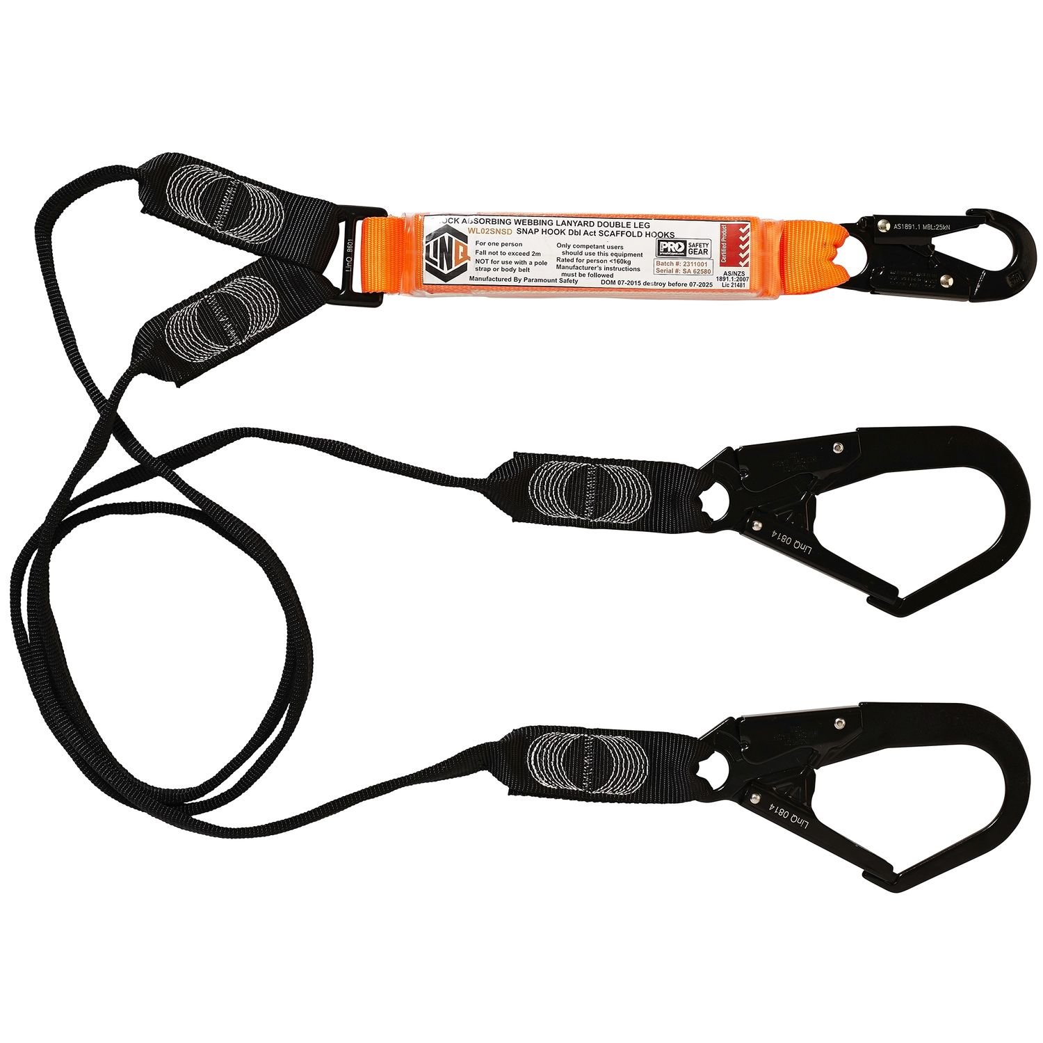 Webbing Lanyard Double Leg, Snap/Scaff Hooks